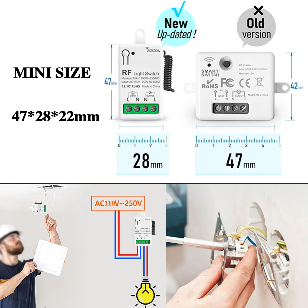 RF433Mhz Wireless Remote Control Light Switch 110V 220V 10A Relay Mini Module Control Range 50M Transmitter for Lamp Fan LED