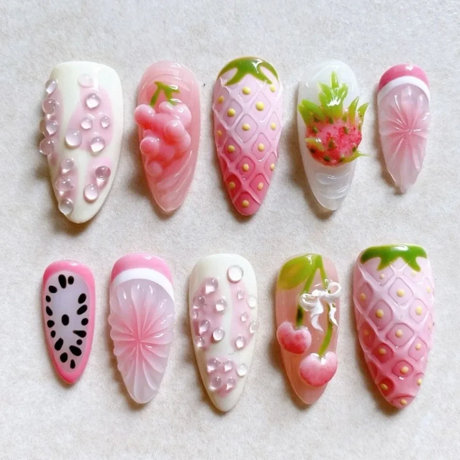 Pink 3D Fruit Strawberry Cherry Grape Watermelon Floral Handmade Press On Nails Cute Reusable False Nail Art For Party Wear JT39