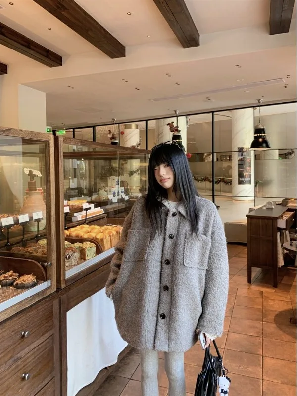 

plus Size Woolen Jacket Women Winter Loose Versatile Teddy Particle Grey Cotton Blend Thickened Long Sleeve Collar Coat