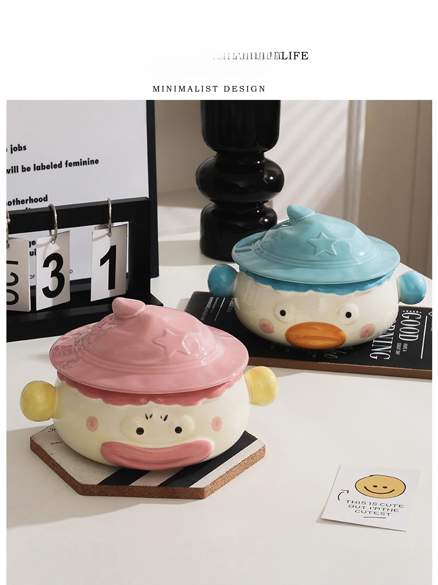 

Creative Ceramic Noodle Bowl with Handle And Lid Cute Clown Design Home Use Tlife Dim Lovely Funny Soup Bowl Dining Utensils