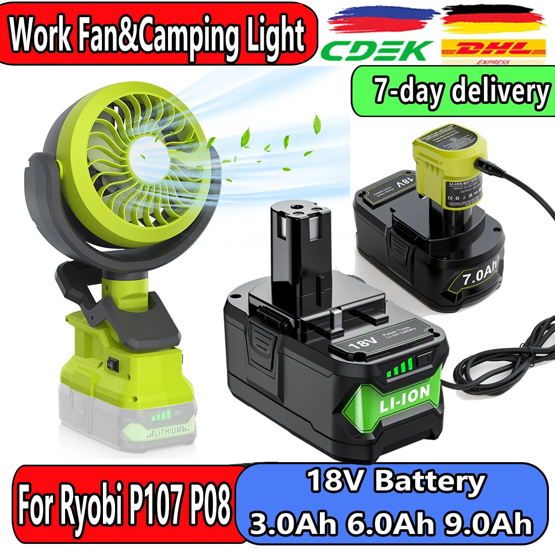 Powtree Original Cordless Fan&Camping Light For Ryobi P107 P108 Battery Camping Workshop Strong Wind Suitable Various Scenarios