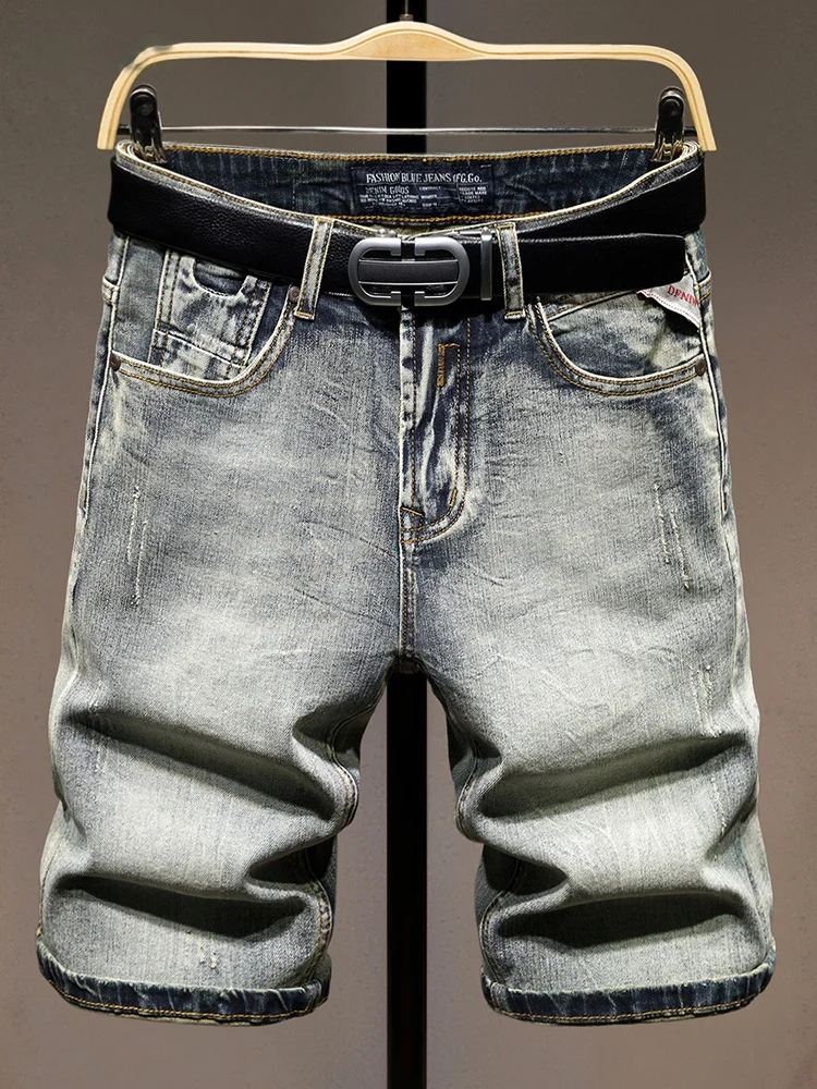

Мужские летние тонкие эластичные джинсовые шорты-бриджи премиум-класса в винтажном стиле, модные, универсальные, длиной до середины икры