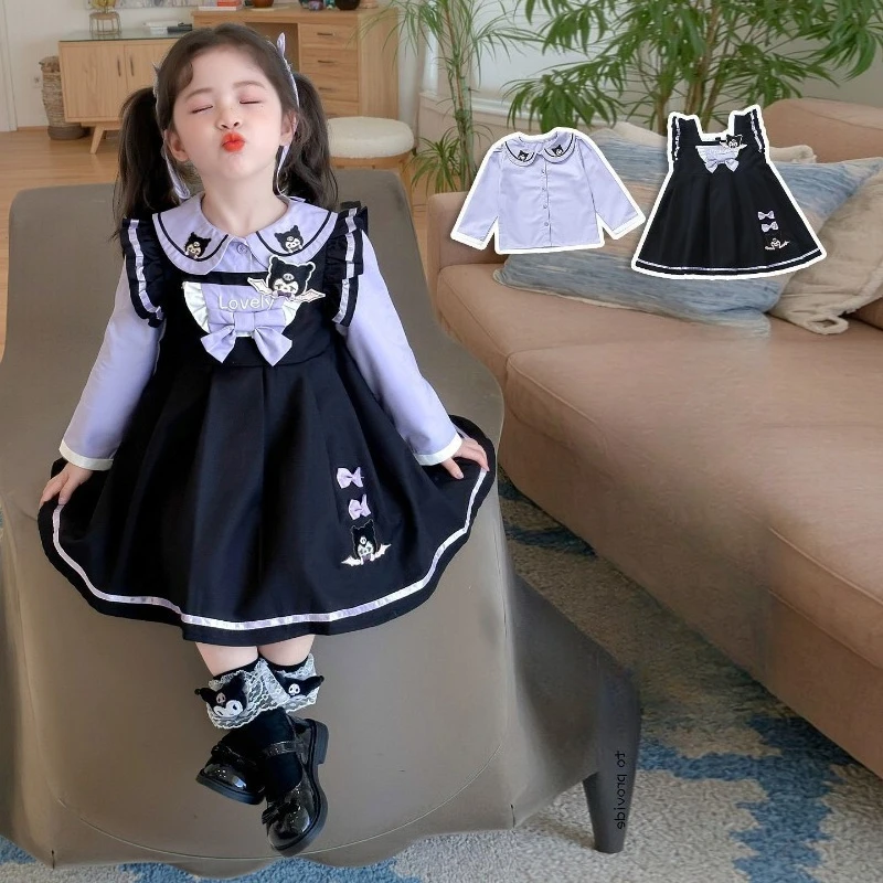 

Sweet Kuromi Anime Kawaii Sanrio Halter Dress Shirt Set 2025 Spring Autumn Cute Cartoon Skirt Clothes Gifts for Girls