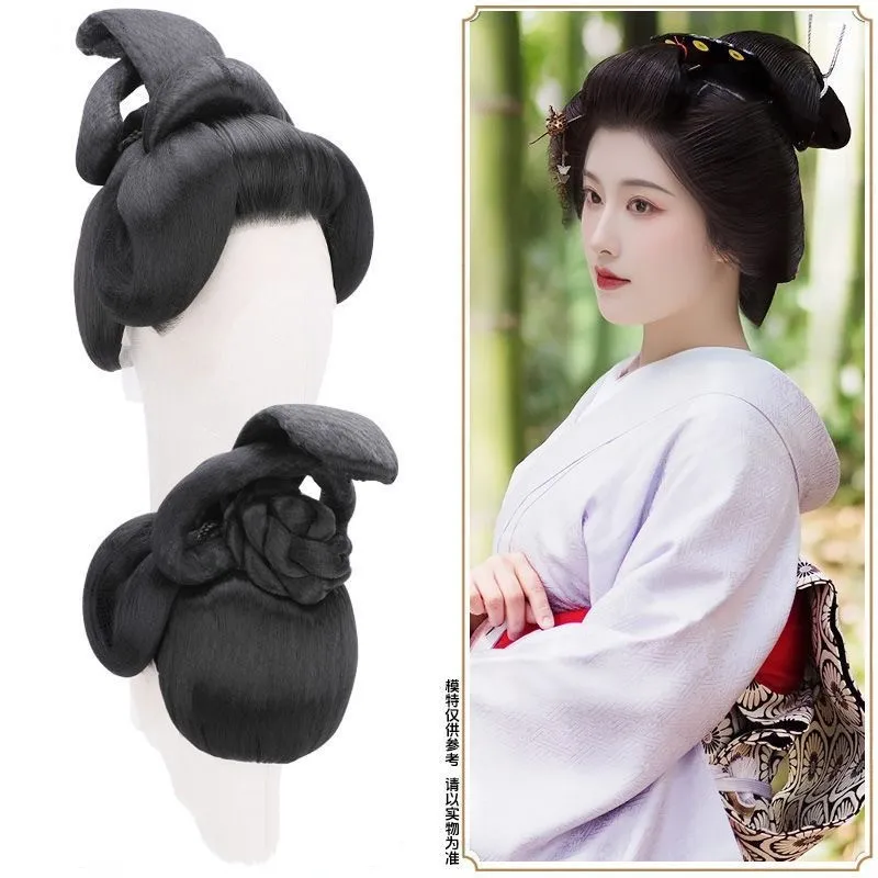 Styled Geisha Kokushibou Cosplay Wigs Black Woman Kimono Cos Heat Resistant Synthetic Hair Wigs + Wig Cap AS Role Play Prop Gift