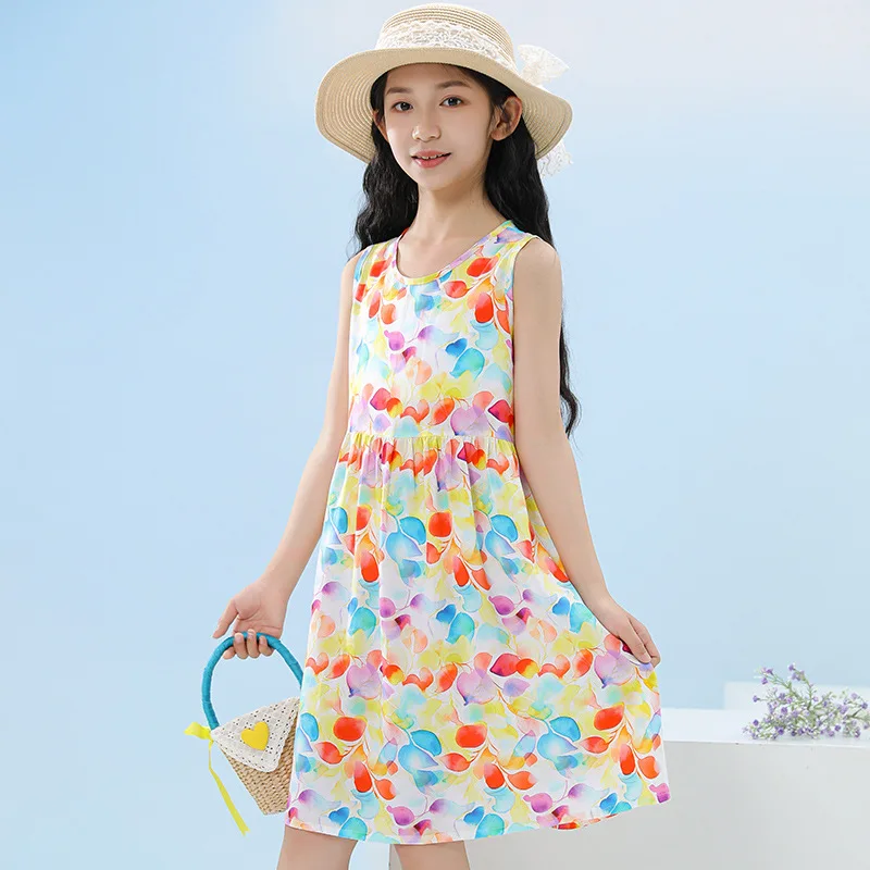 Summer Teenager Girls Dress Sleeveless Floral Print Kids' Dresses  Princess Teen Girls Party Dress Beach Dresses for 2 to 14 Yrs