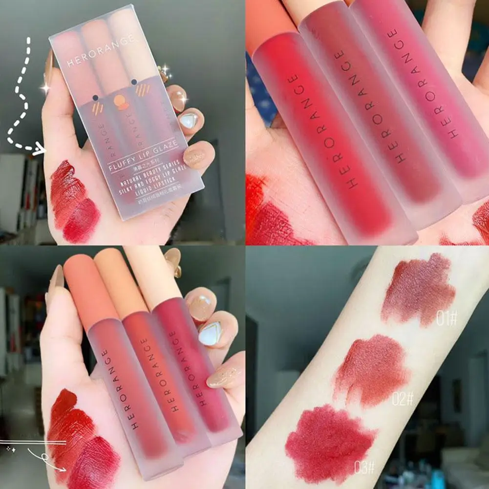 Herorange 3Pcs Matte Velvet Lip Gloss Long-lasting Moisturizing Tint Lipstick with Fruity Juicy Moist and Vivid Coloring