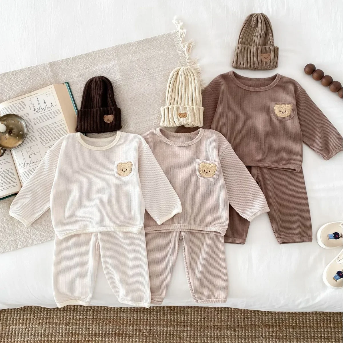 2025 Spring New in Kids Baby Girls Boys Cute Clothes Infant Waffle Cartoon Bear Top + Pants Toddler Casual Clothing Set 2pcs