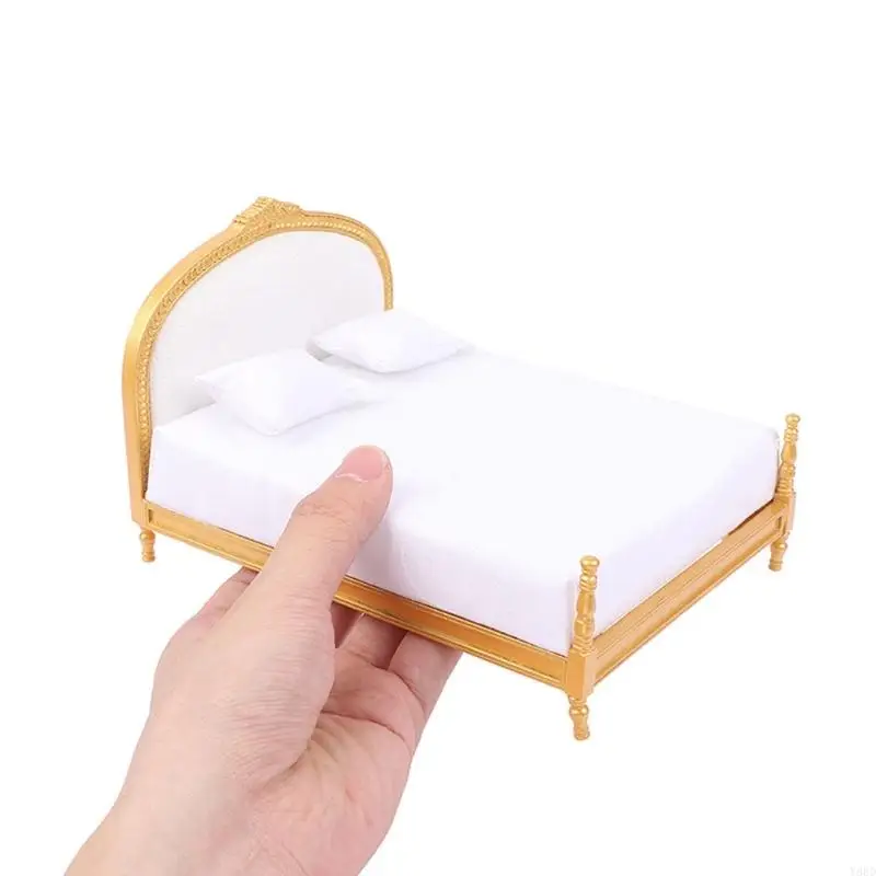 

Y88D 1:12 Mini Bedroom Collection Golden Upholstered Bed for Presentation