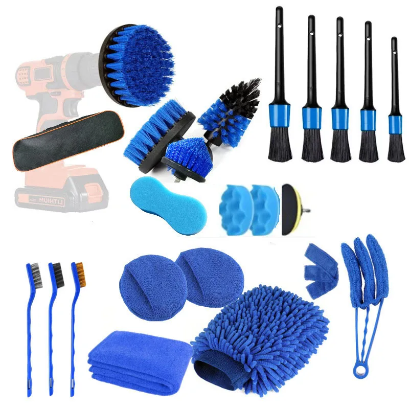 

23 piece car wash tool set interior detailing detail air conditioner brush wheel drill brush microfibre towel glove sponge