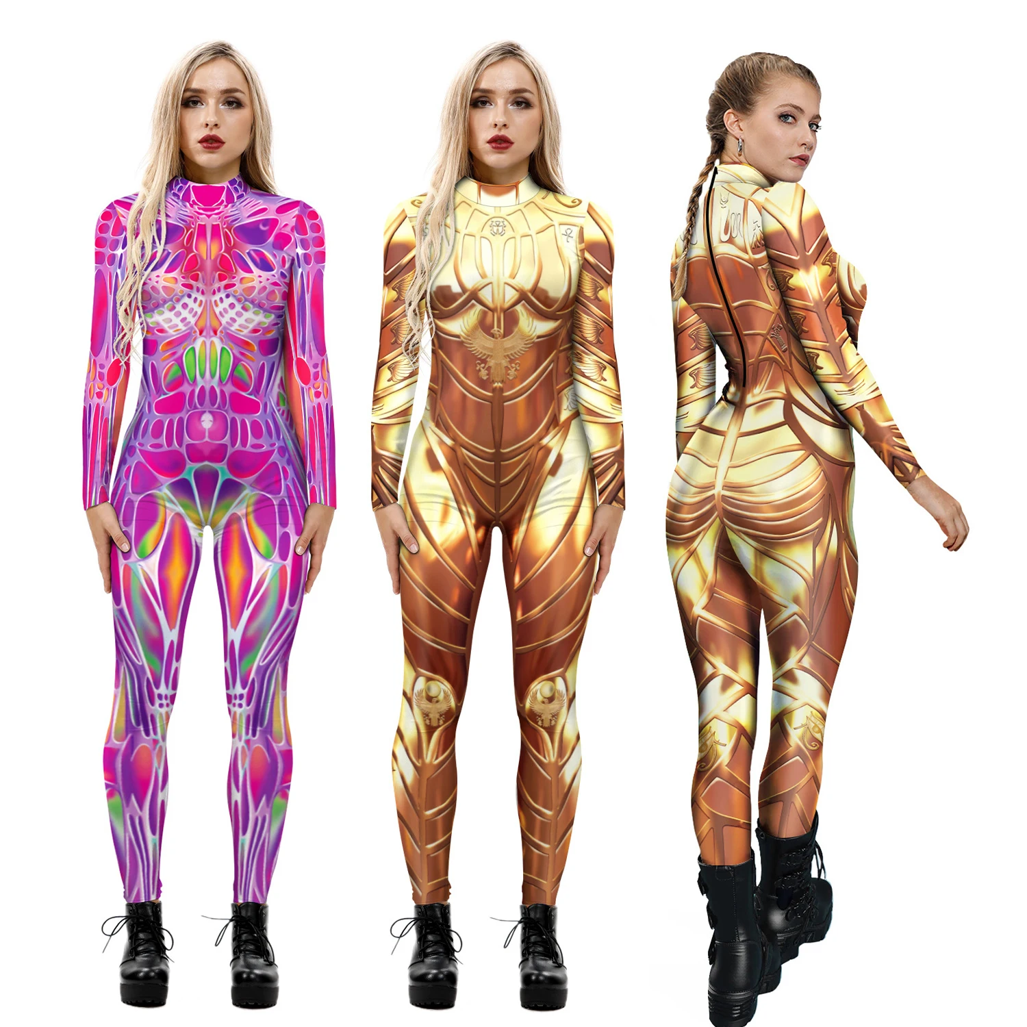 Halloween Costumes for Women Adult Jumpsuit Ladies Sexy Bobysuit 3D Printed Clothing Long Sleeved Tight Hero Robot Rendering