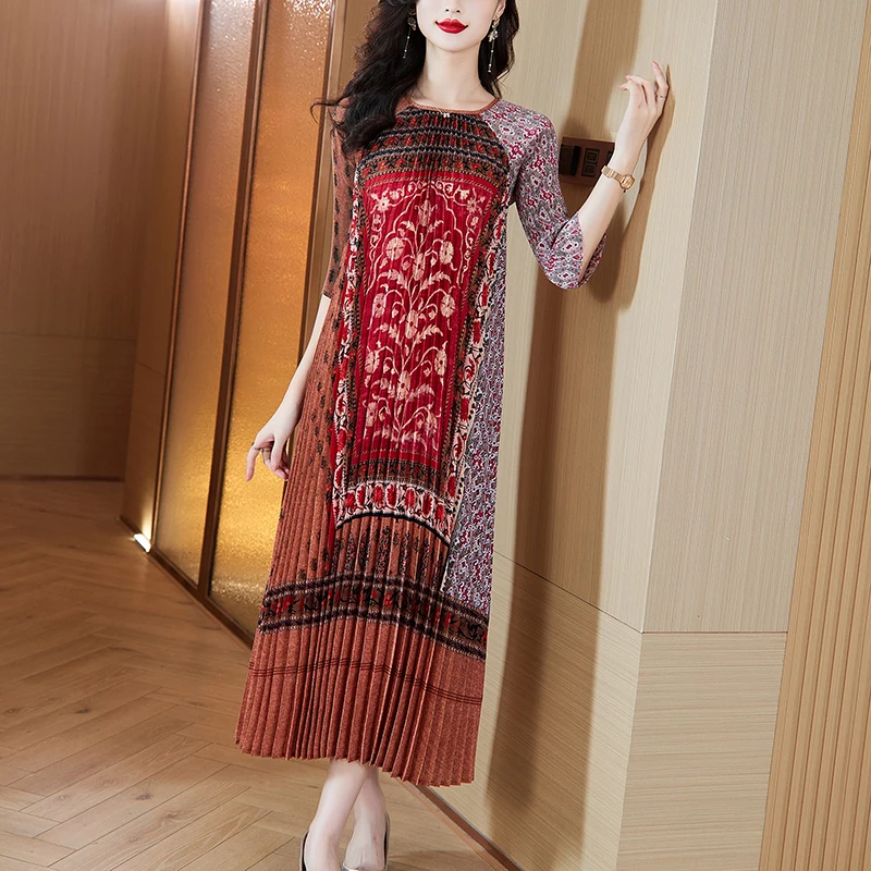 

Ele Folded Dr Осенняя новинка Sle Ретро Цветочный принт Большой размер Свободная юбка Mom's Gored Длинная классическая свободная юбка из полиэфирного волокна