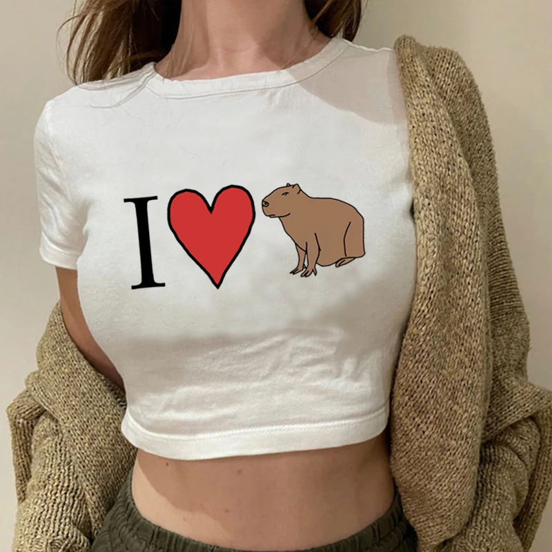 I Love Capybaras T Shirt Vintage Streetwear Capybara Graphic Print Crop Tops Summer Fashion O-Neck Casual Women's Y2K Baby Tees