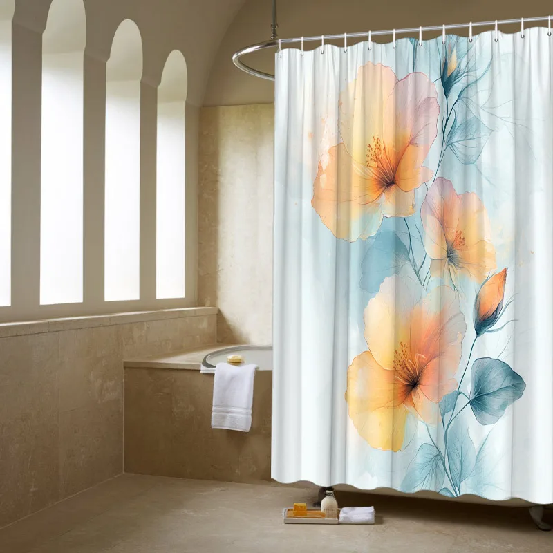 1 шт. акварельная занавеска для душа с гибискусом — пастельный цветочный дизайн, полупрозрачные листья, полиэстер, декор Serene