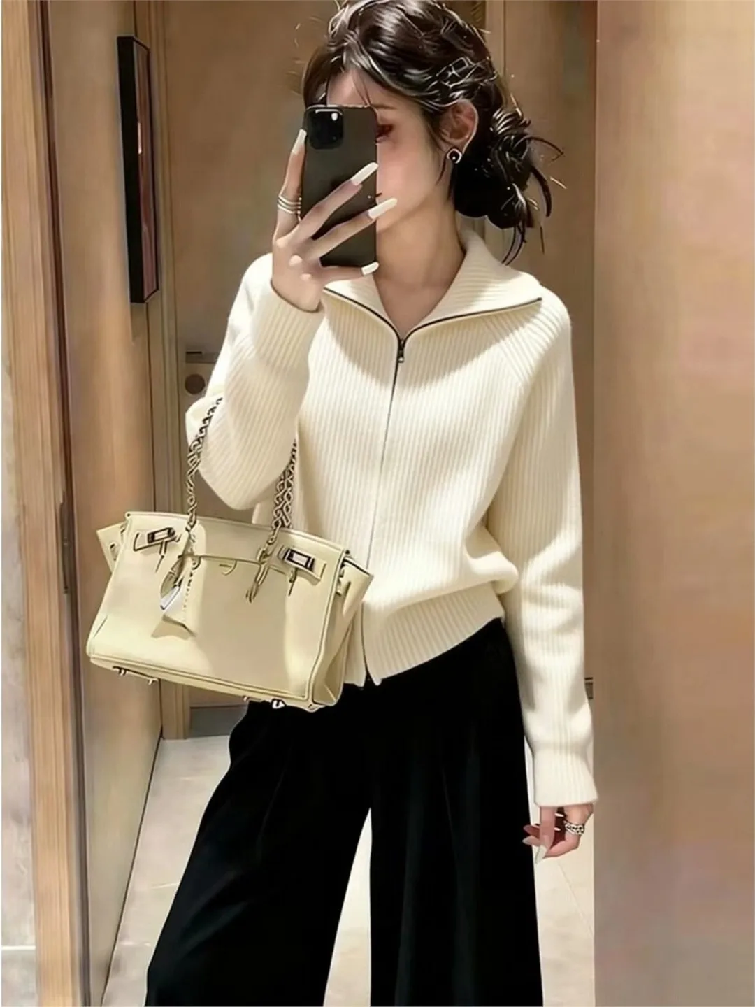 

Retro Zipper Knitted Open Cardigan Women's Loose Outerwear Lazy Collar Sweater Jacket Top Autumn Winter Fashion Ladies' Clothes