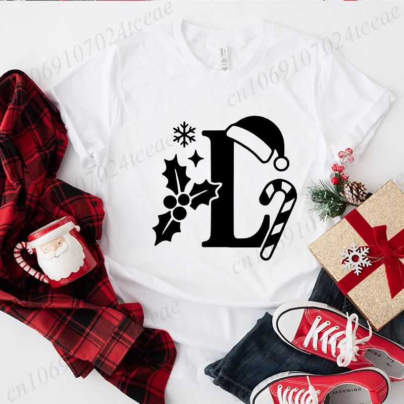 Neue Weihnachten Alphabet T-shirt frauen Mode Weihnachten Brief Drucken Tops Kurzarm T Urlaub Party Kleidung Casual Täglichen Verschleiß