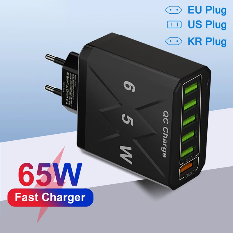 65W Charger USB 6 Ports Fast Charging Quick Charging For iPhone Huawei Samsung Tablet USB Travel Charger EU US KR Plug Adapter