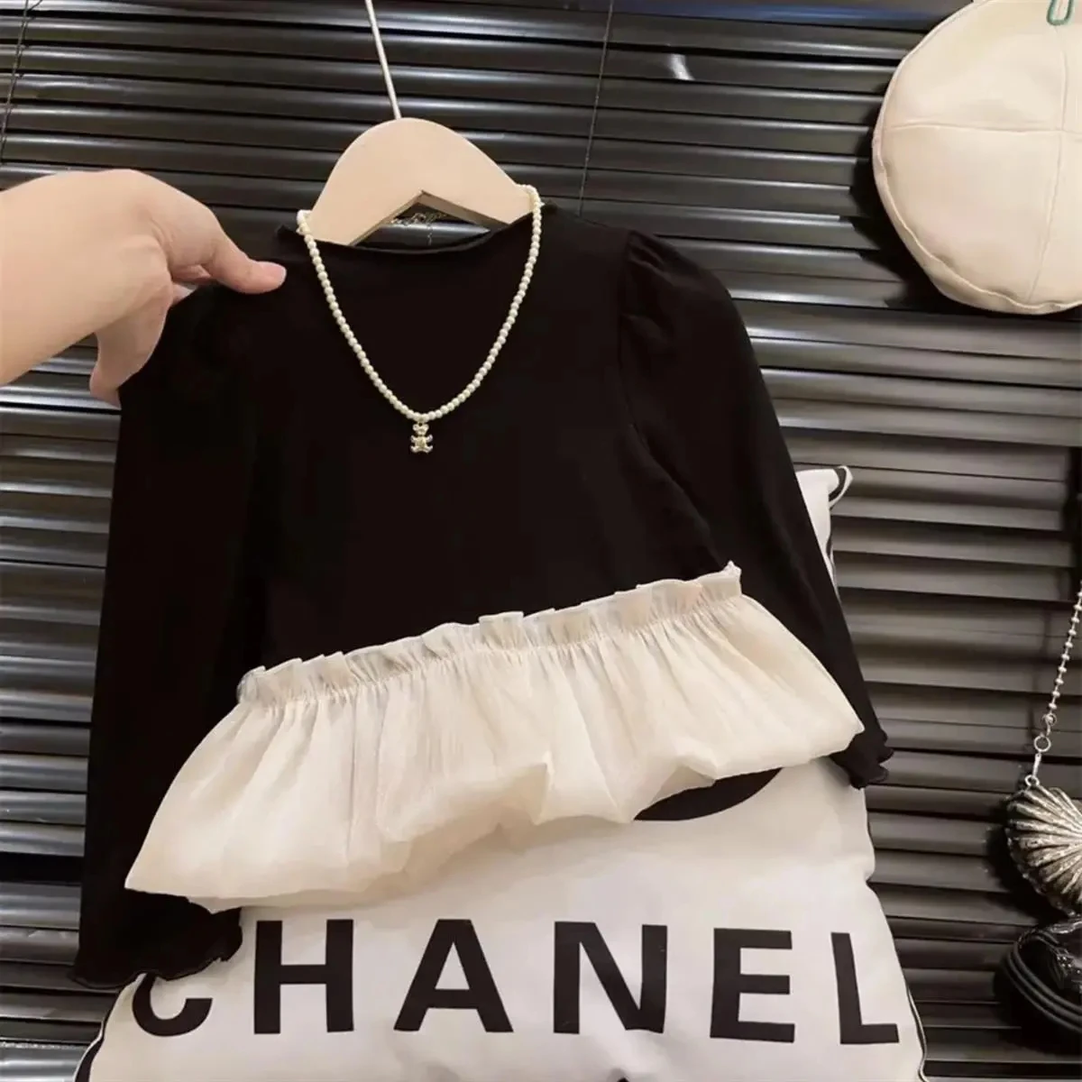New Korean Black Long Sleeved T-shirt for Girls Summer Three-dimensional Ruffled Edge Patchwork Top for Baby Girls