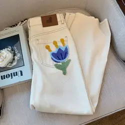 White Jeans For Women Spring High Waist Fashion Flower Design Straight Denim Pants Chic Loose Wide Leg Casual Trousers