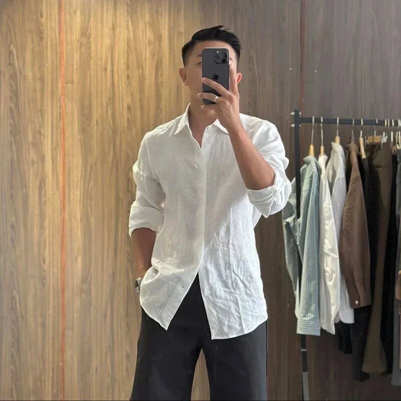 Mature Stable Men's Cotton Linen Shirt Lightweight Breathable Slim Fit Long Sleeve Casual Workwear Linen Shirt Trendy