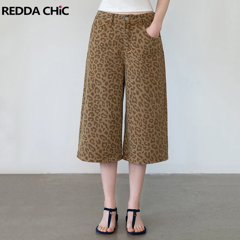 

REDDACHiC Trendy Leopard Baggy Jorts Women Men Casual Vintage Pockets Straight Low Waist Jeans Jorts Skater Summer Streetwear