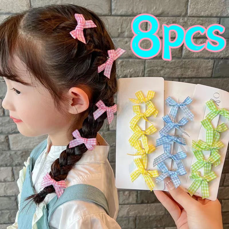 8pcs Sweet Plaid Bow Hair Clip Girls Kids Candy Color Bowknot Ribbon Hairpins Barrettes Cute Kawii Handmade Headwear Grips