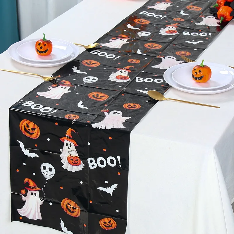 Halloween PE table flag cartoon pumpkin ghost print table flag holiday party table decoration waterproof tablecloth