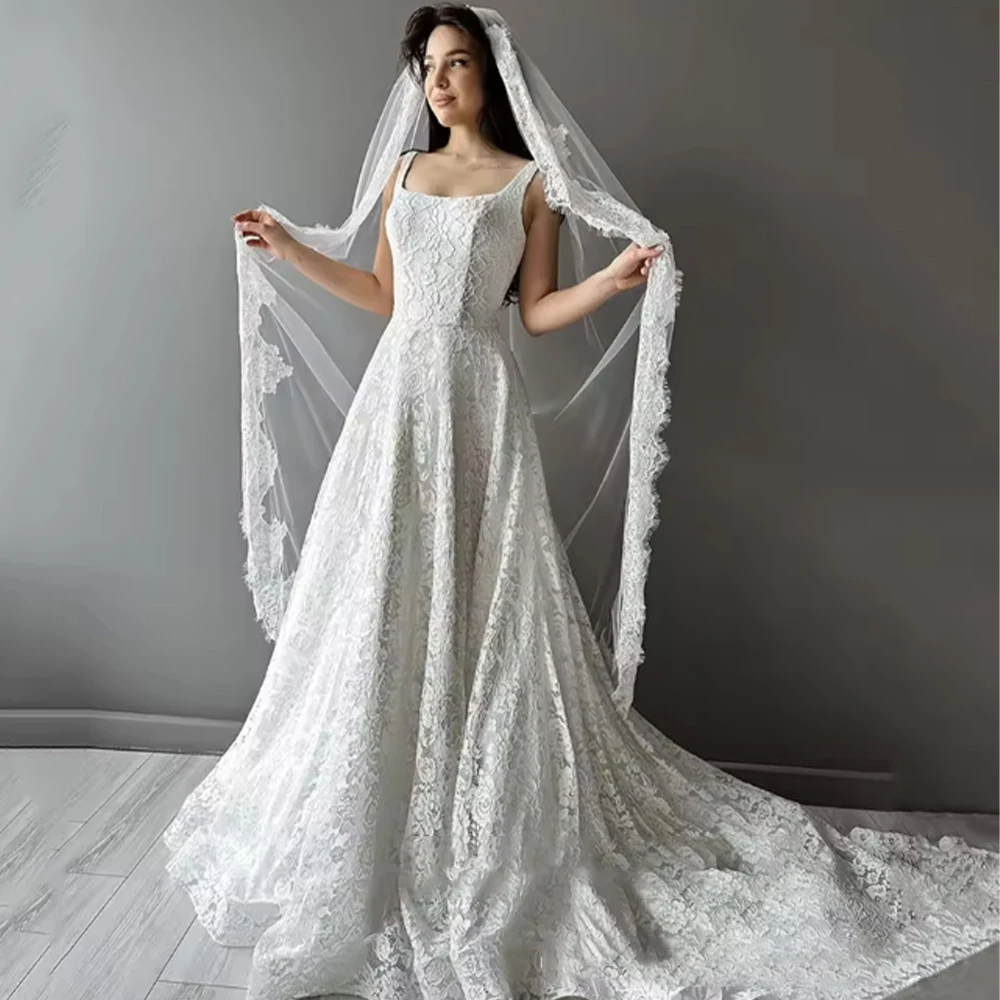 

Exquisite Lace Wedding Dress for Muslim Square Neck Sleeveless Bridal Gown Vestido De Noiva Customized فستان الزفاف