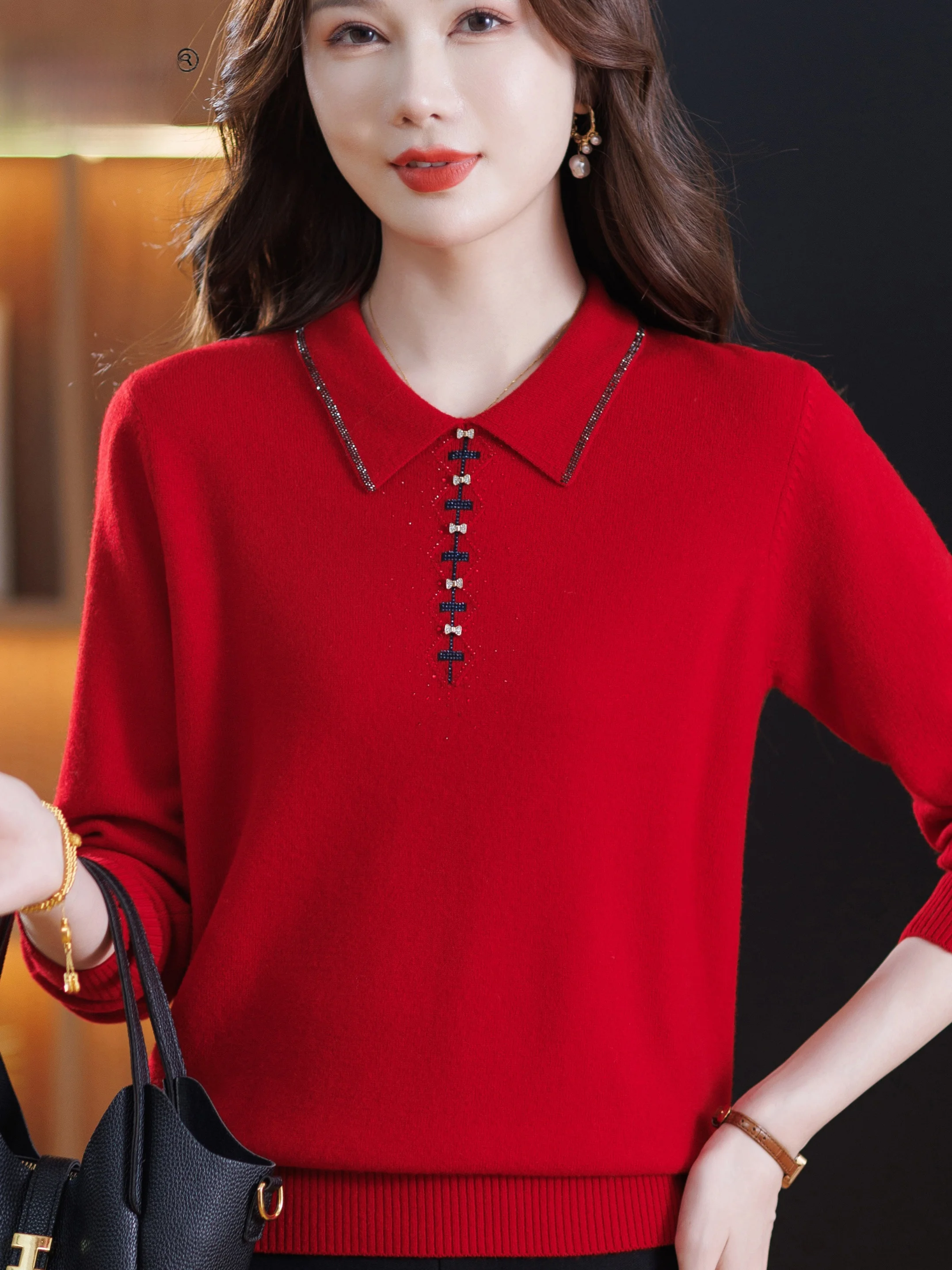 

Красный кукольный воротник, топер, свитер, вязаный, шерстяной, осенне-зимний, базовый, повседневный, свободный крой, теплый