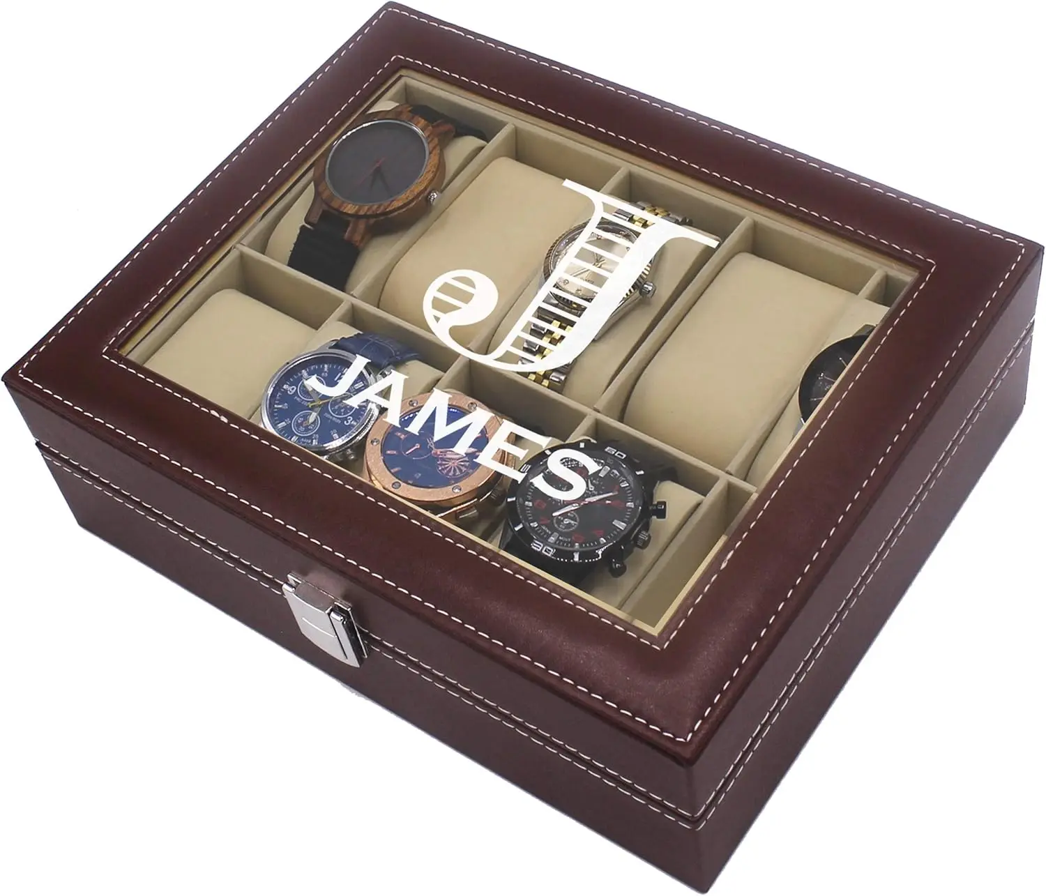 Custom Engraved Watch Storage Box with Glass Top - Holds 10 Watches, Perfect Gift for Men