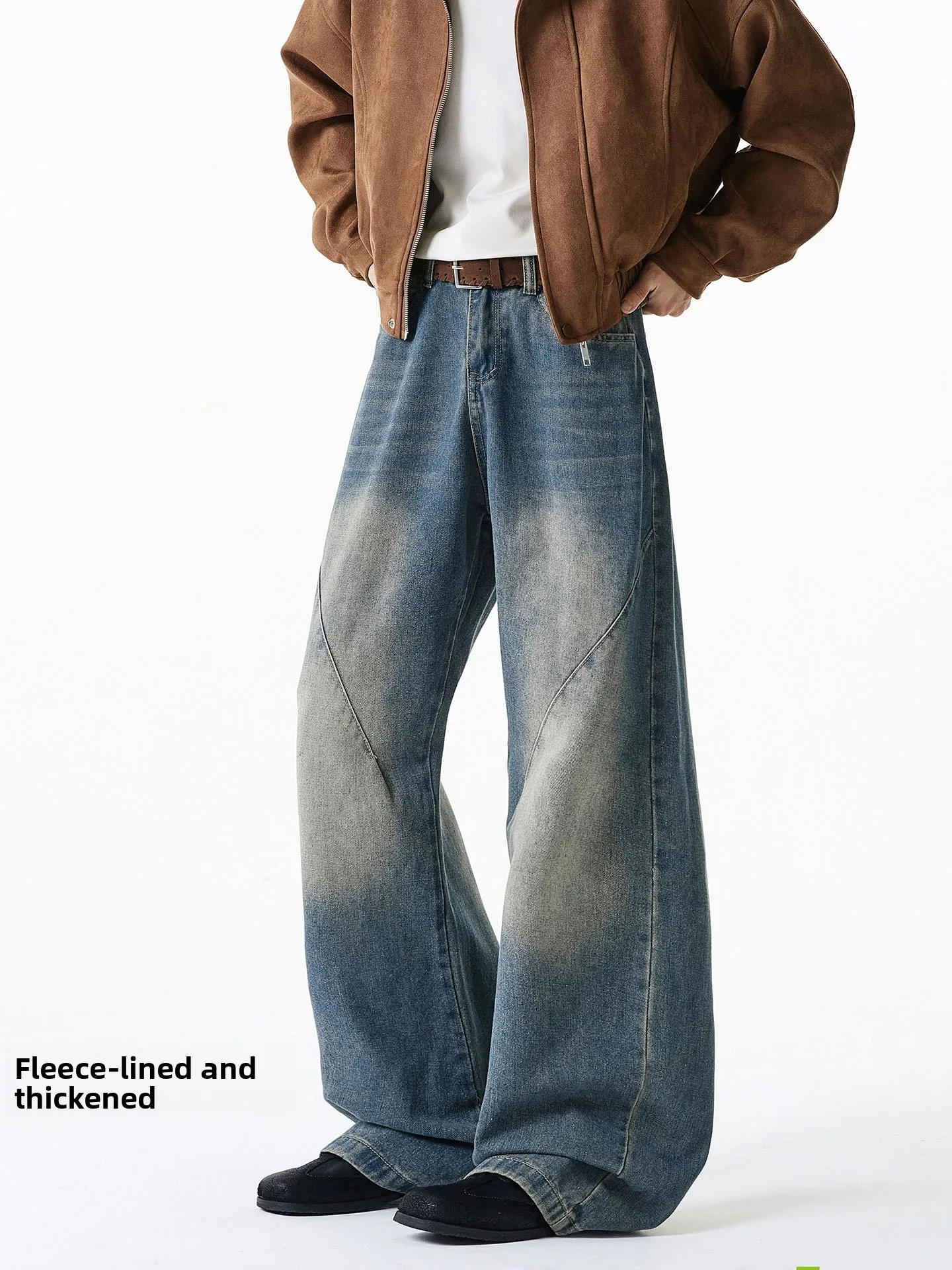 

Retro American Denim Jeans Men's Autumn Winter Thiened Fce Waed Straight Leg Loose Fit Casual Trousers