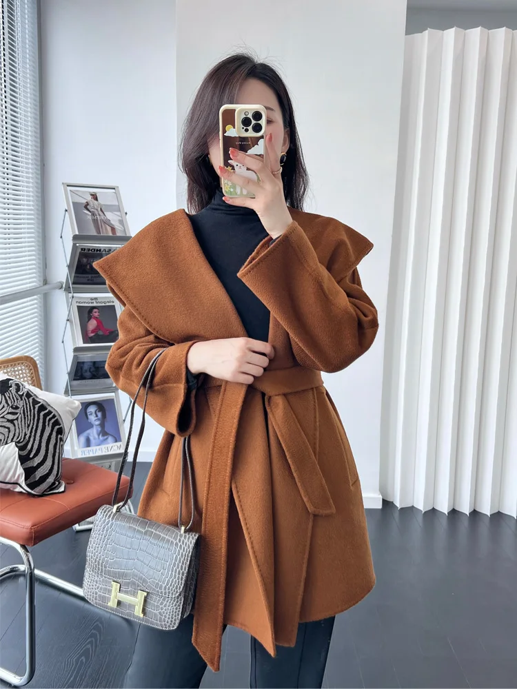 

New Women Hooded 20% Cashmere Double-sided Wool Coat Short Loose Lace-up Water Ripple Woolen Coat Fashion Casual Autumn Winter