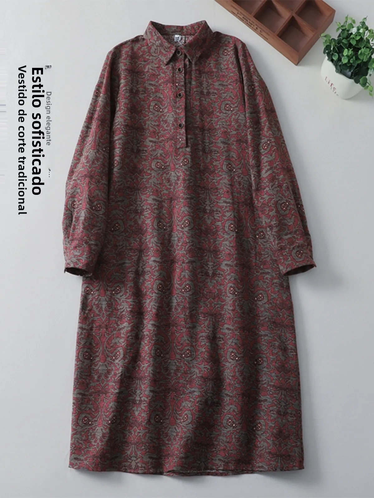 

Retro Embroidered Cotton Linen Dress Women's Large Size Collared Shirt Dress Casual Loose Fit A-Line Long Skirt