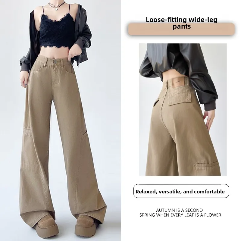 

Ранняя осень цвета хаки в американском стиле с несколькими карманами, прямая рабочая одежда, мужские и женские свободные повседневные лоскутные широкие брюки