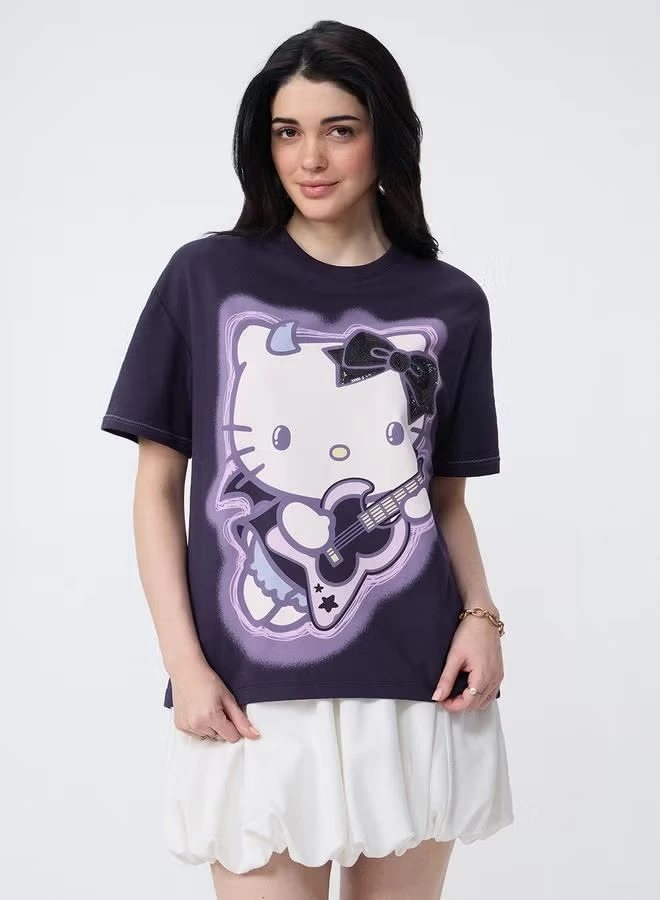 Women Hello Kitty T Shirt Cute Devil Kitty with Guitar Cartoon Graphic Print Short Sleeve Dark Purple Tee Ladies Casual Summer
