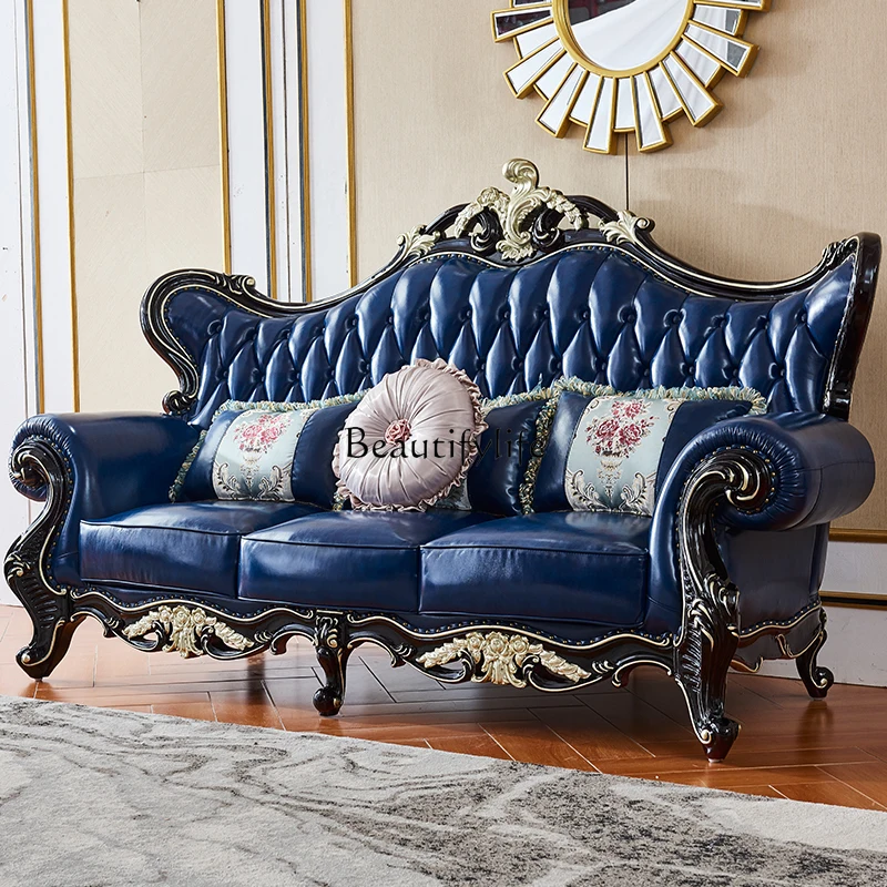 

European leather sofa high-end villa living room solid wood carving flower luxury