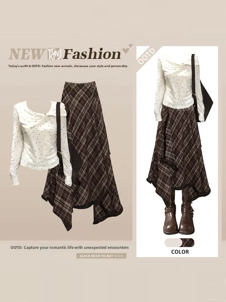 

Весенний комплект: футболка с длинным рукавом в горошек и юбка с асимметричным клетчатым узором, женский костюм из двух предметов