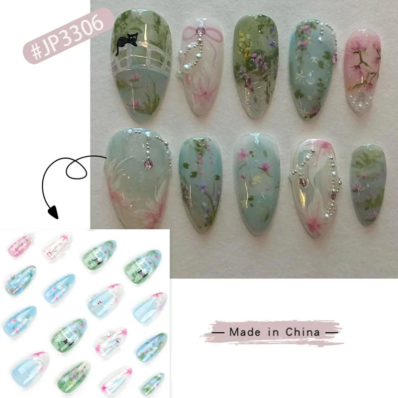 24 Pieces Almond Manicure Fake Nails  Garden Style Small Fresh Flowers Wear A Piece Of Armour Spring Summer New Fake Nails