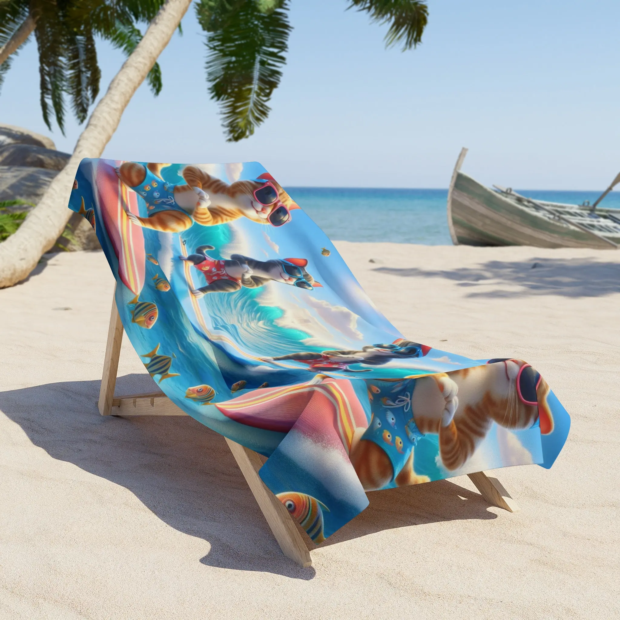 Cats Surfing at the Beach Children's Beach Towel, Cute Cartoon Cat Pattern, Soft and Absorbent, Perfect for Beach, Swimming, Bat