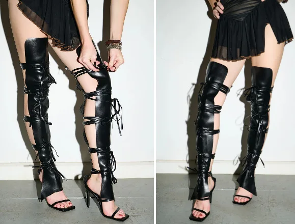 

Женские сандалии до колена с перекрестной завязкой и круглым носком, ботинки на высоком каблуке-шпильке со шнуровкой, модная женская обувь большого размера