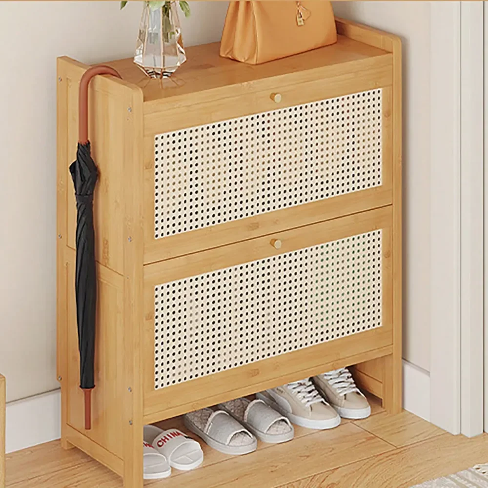 

Cabinet With 2 Handmade Natural Rattan Flip Drawers, Entryway Shoe Rack Storage Organizer For Sneakers, Leather Shoes, Slippers