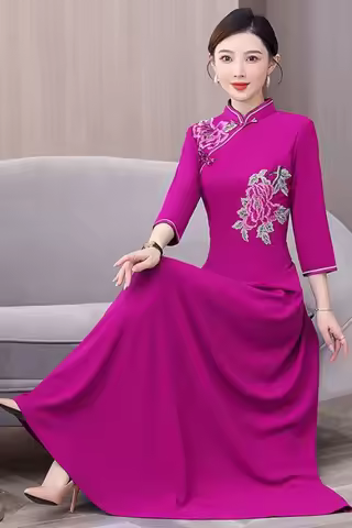 Catwalk long sleeve cheongsam long dress improved Vietnam Audrey Ao Dai qipao cheongsam dress dance evening dress