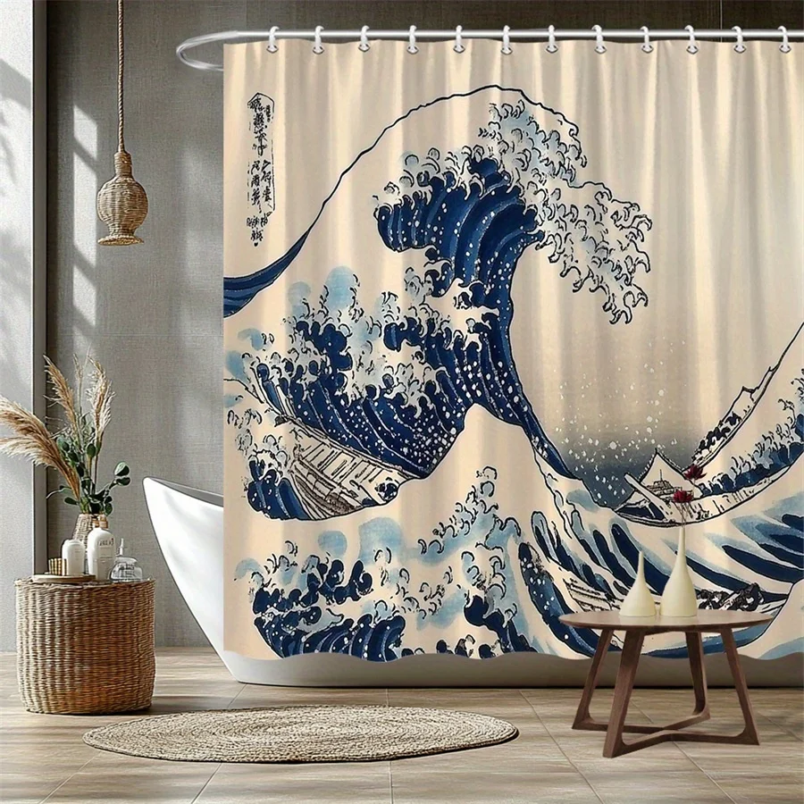 Great Wave Kanagawa Ukiyo e Print Shower Curtain Japanese Wave Art Bathroom Decor Polyester Fabric Machine Washable Gift Idea