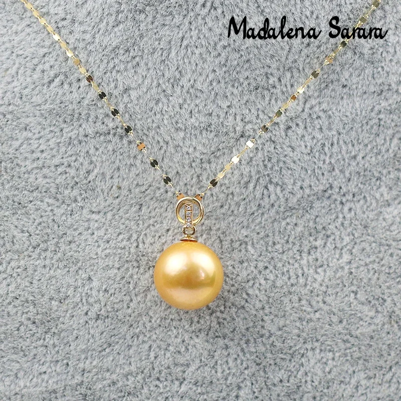 DSHIJOJ 10-11mm AAA Natural Yellow Southsea Gold Pearl 18K Pendant Women Necklace Au750 Made Diamond Inlaid