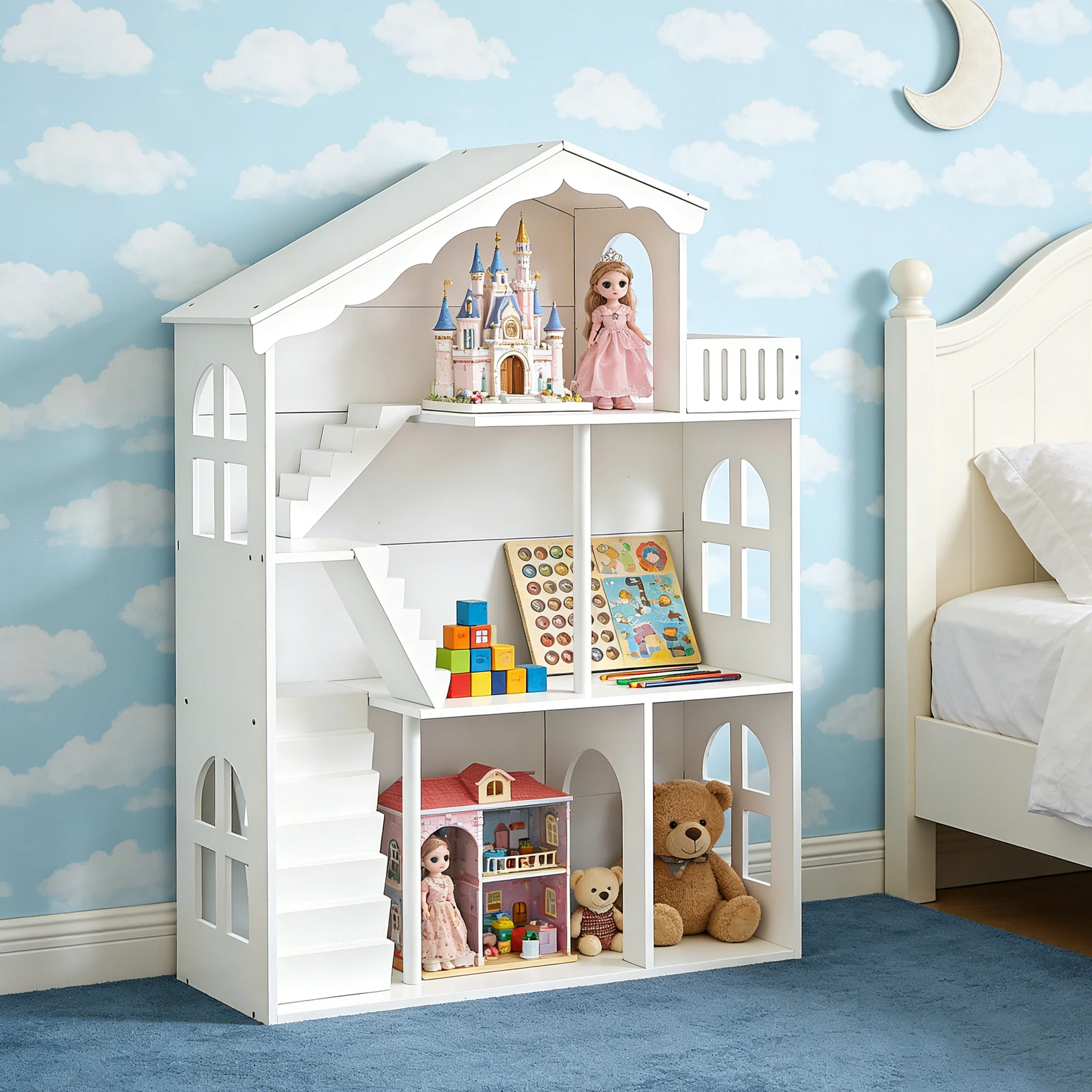 

Детский книжный шкаф-домик, 3-ярусный открытый деревянный стеллаж, органайзер для игрушек, детская мебель для комнаты девочек, игровой комнаты, от 3 лет