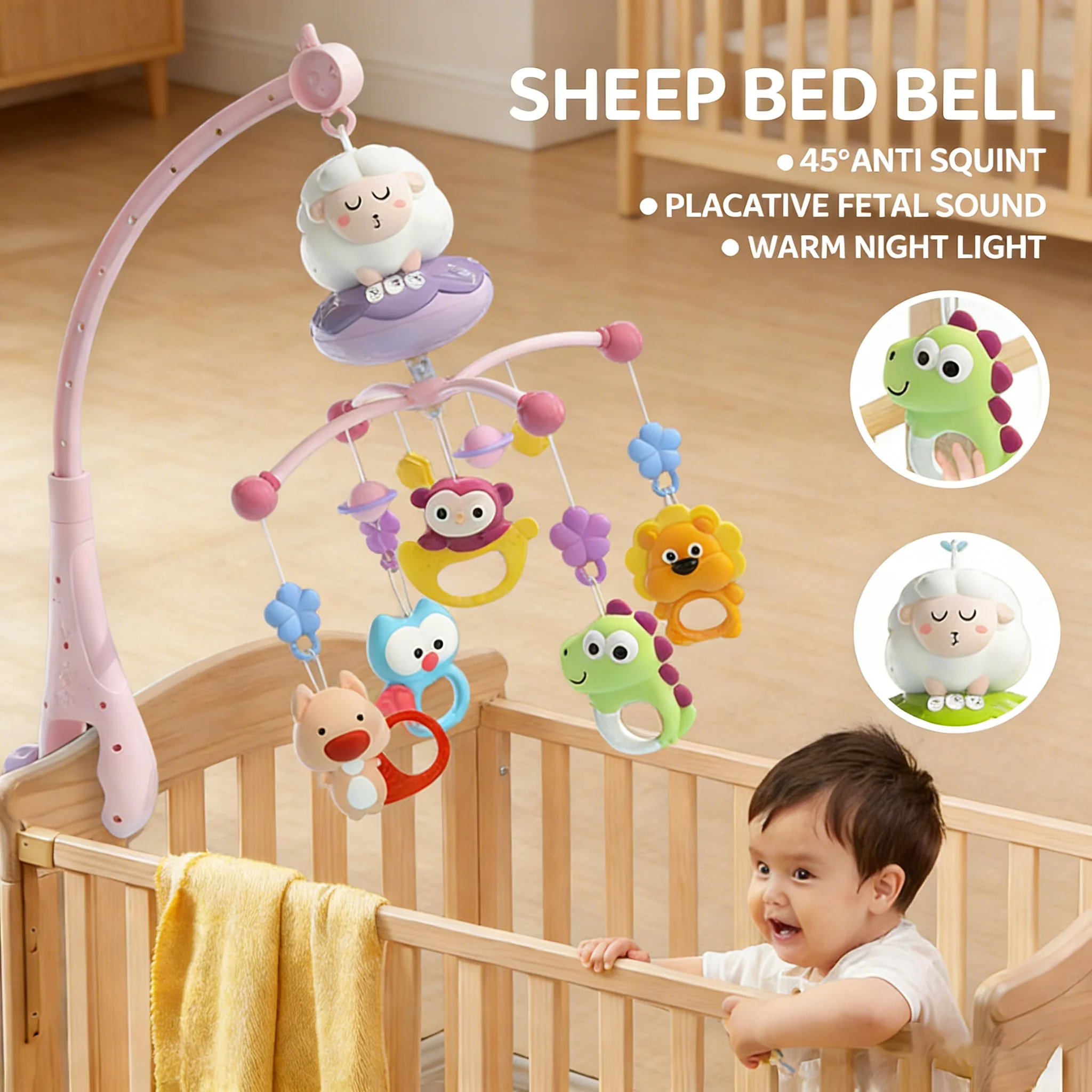 โมบายเด็กทรงแกะ พร้อมจี้รูปสัตว์การ์ตูนน่ารัก มีไฟและเสียงเพลง มีจำหน่ายในสีฟ้าและสีชมพู