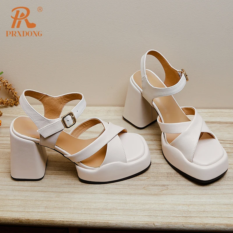 PRXDONG-zapatos de piel de vaca auténtica para mujer, Sandalias de tacón alto cuadrado con plataforma, color negro y Beige, para vestido de boda, 2024