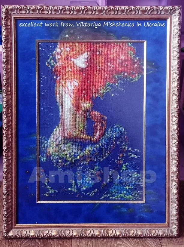 Amishop Gold Collection Lovely Counted Cross Stitch Kit Red Hair Mermaid And Blue Sea