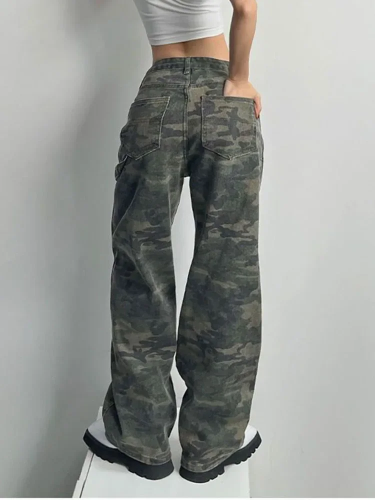 Camouflage Cargo Pants Women Y2K Streetwear Low Rise Jeans Retro Wide Leg Trousers Denim Straight Trousers Harajuku