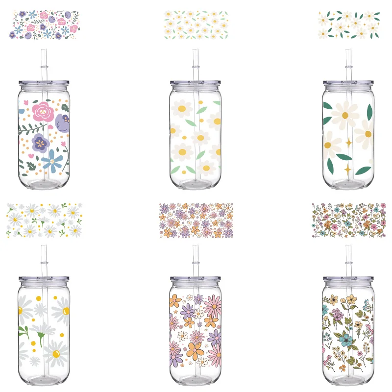 16OZ Printed PET Cup With Straw Transparent Lid Beaytiful Flowers Design Can Hold Milk Coffee Drinks Plastic Bottles