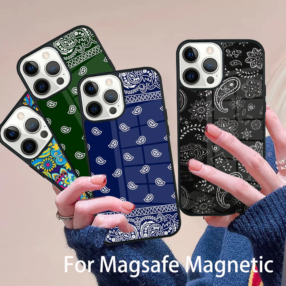 

Black Bandana Paisley Phone Case Magesafe Magnetic Wireless Charge Cover For IPhone 16 11 12 13 14 15 Pro Max Plus Mini